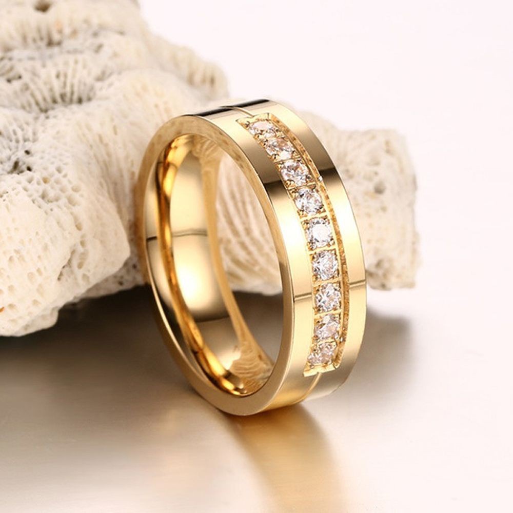 Nhẫn cưới bằng thép không gỉ mạ vàng 18K đính đá zircon sành điệu cho cặp đôi