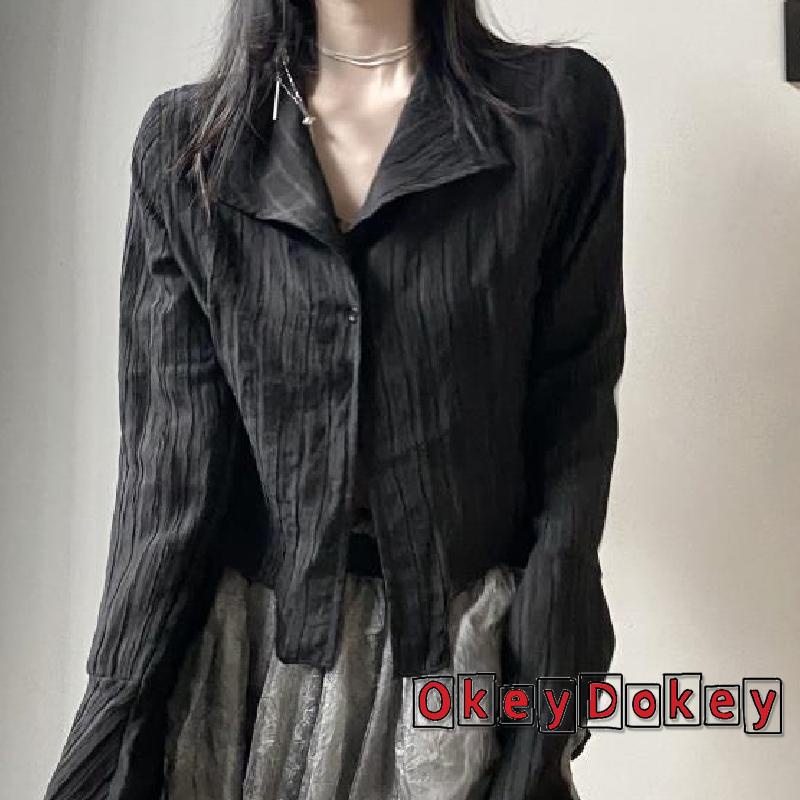 Áo sơ mi dài tay cổ bẻ gài nút màu đen phong cách cổ điển thời trang cho nữ