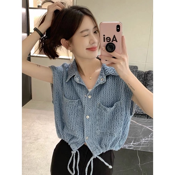 Áo jeans croptop dây rút