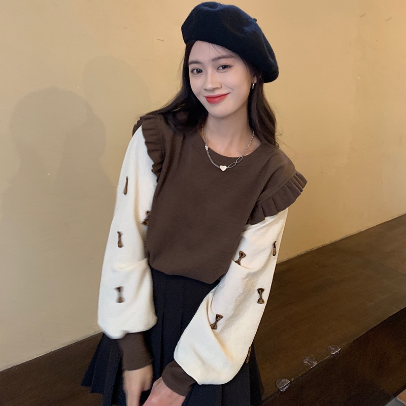 Porozi  Áo sweater dệt kim cổ tròn tay phồng dài phong cách Hàn Quốc xinh xắn cho nữ
