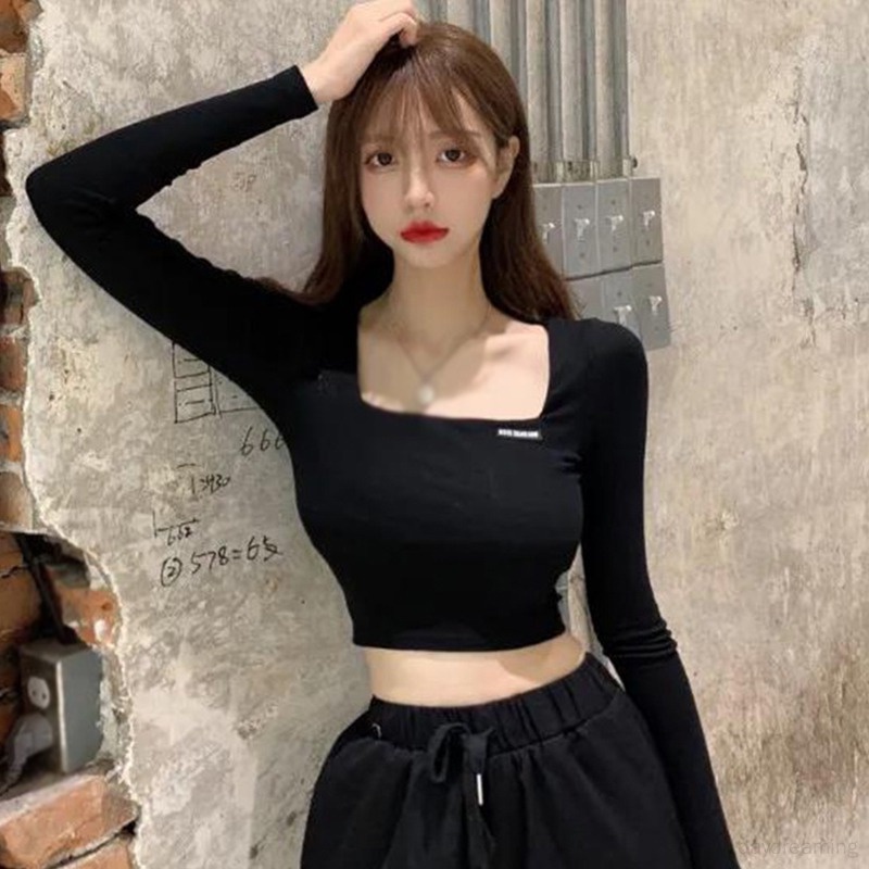 Áo Thun Croptop Tay Dài Màu Trơn Thời Trang Cho Nữ