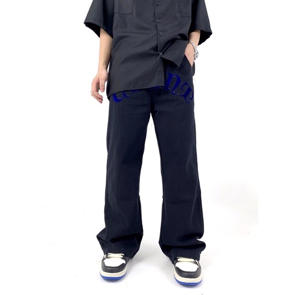 Quần Jean thêu hình con dơi xanh/ quần jean nam nữ ống đứng