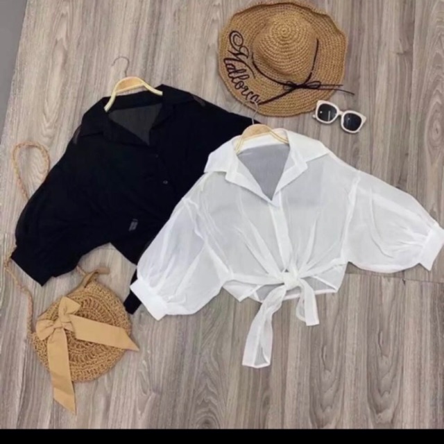 Áo sơ mi voan mỏng cột eo lụa là AB5