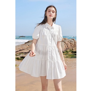 V008 Váy sơ mi babydoll trắng tay bồng có cúc dáng lỡ nữ sinh 2 tầng xòe đi học đi chơi dễ thương trẻ trung cute đẹp