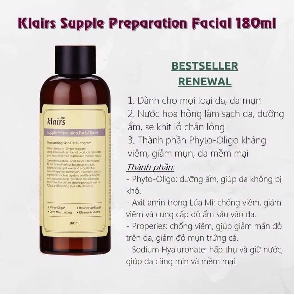 Nước hoa hồng Klairs Supple Preparation Unscented Toner 180ml