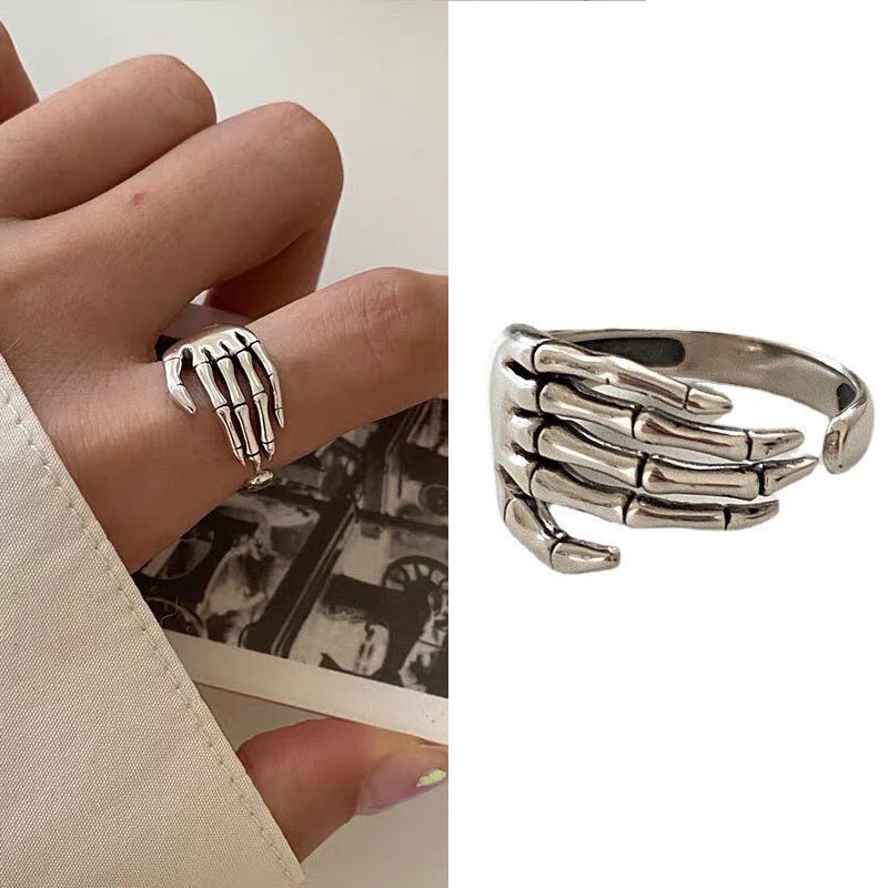 Nhẫn Hở Unisex Hình Đầu Lâu Màu Tối Phong Cách retro Có Thể Điều Chỉnh Kích Cỡ