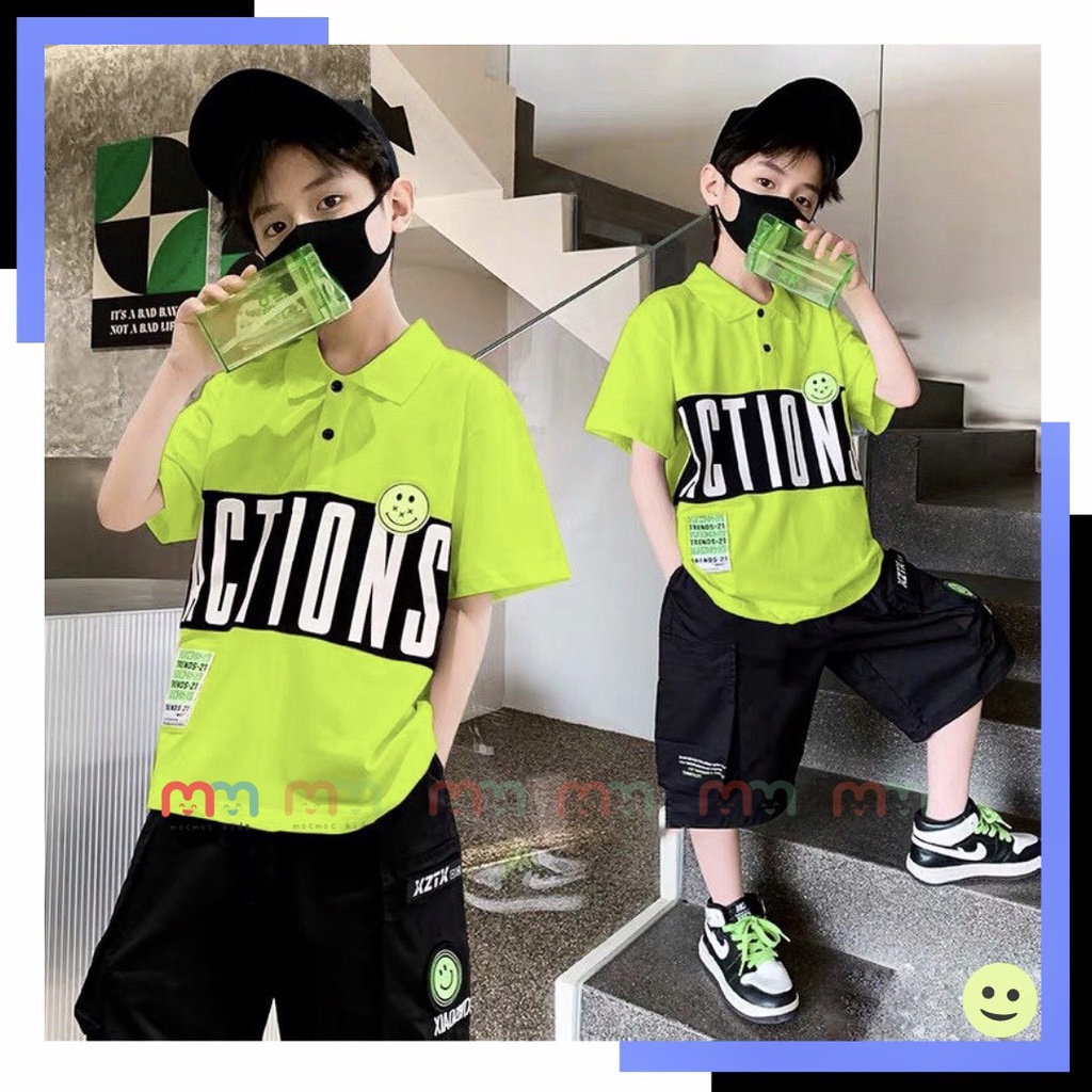 Set bộ bé trai size đại cá tính áo cổ trụ phối quần túi hộp thun cotton cao cấp co dãn 4 chiều cho bé 8kg đến 52kg