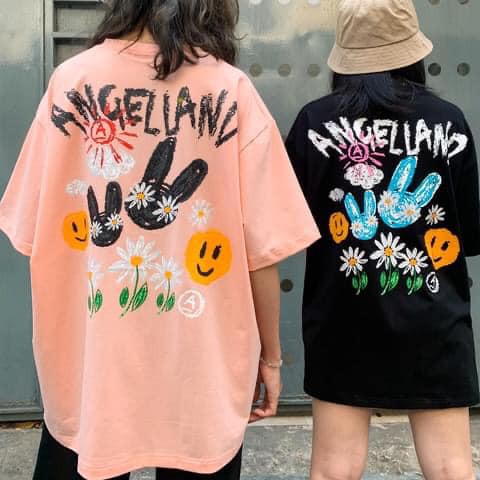 Áo thun nam nữ Angel Land unisex tay lỡ cổ tròn cotton hồng đen basic phom rộng oversize local brand Cheapy