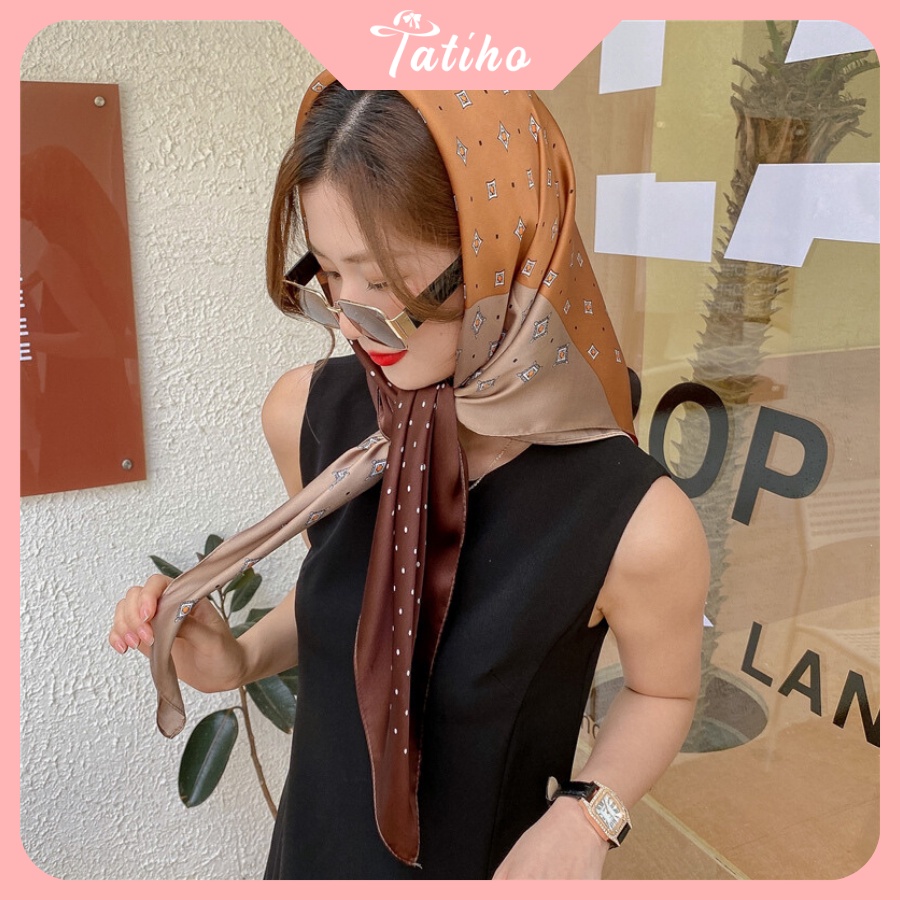 Khăn Lụa Vuông Turban Cao Cấp Họa Tiết Hình Học Hoa Làm Áo Quàng Cổ - Chất Liệu Silk - 90x90cm - Tatiho - Mã KL054