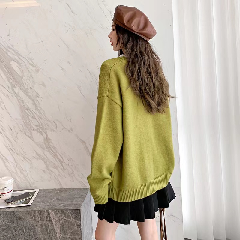 【ZHELIHANGFEI】Áo Cardigan Dệt Kim Tay Dài Cổ Chữ V Dáng Rộng Phong Cách Preppy Nhật Bản