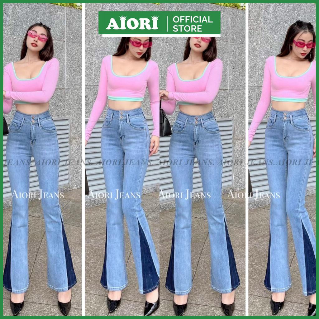 Quần Jean Ống Loe AIORI Lưng Cao 2 Nút Lai Màu Kiểu Vải Co Giãn Tốt_Mã_L008