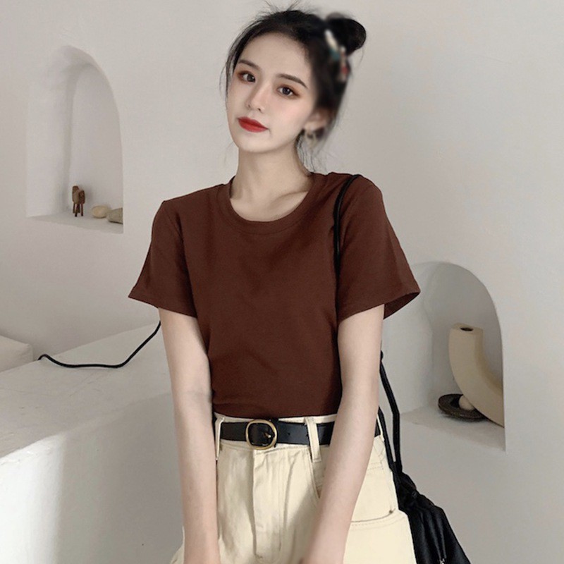 Áo Thun Ngắn Tay Màu Trơn Đơn Giản Cho Nữ