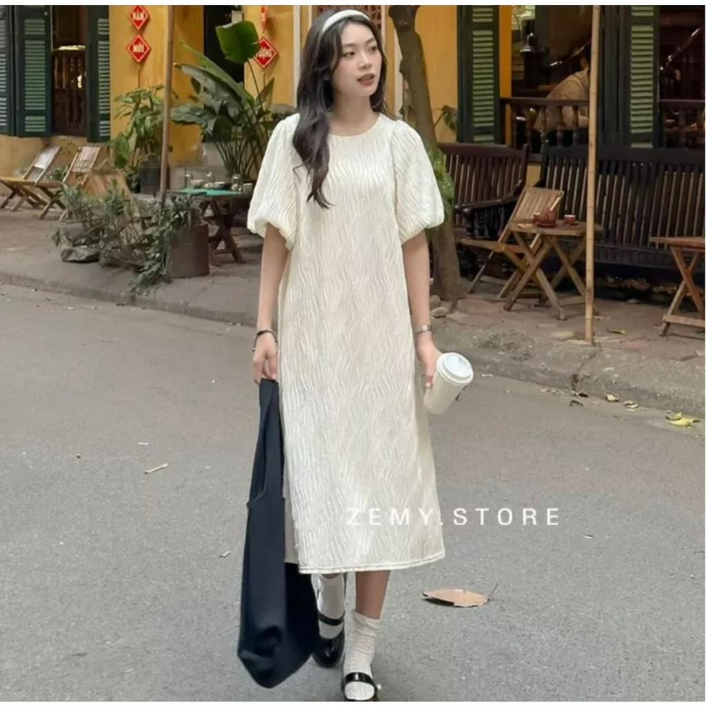 Váy suông nữ váy xuông nữ (free size &lt;60kg) vân sóng tay bồng 2 lớp dáng babydoll dài PANOSI - V740