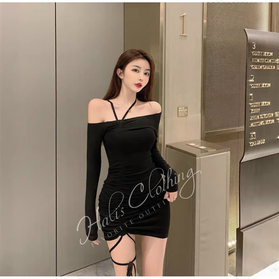 Đầm Body Trễ Vai Tay Dài Dây Rút Sexy Thun Borip Thích Hợp Mặc Đi Tiệc Đi Làm Đi Chơi | BigBuy360 - bigbuy360.vn