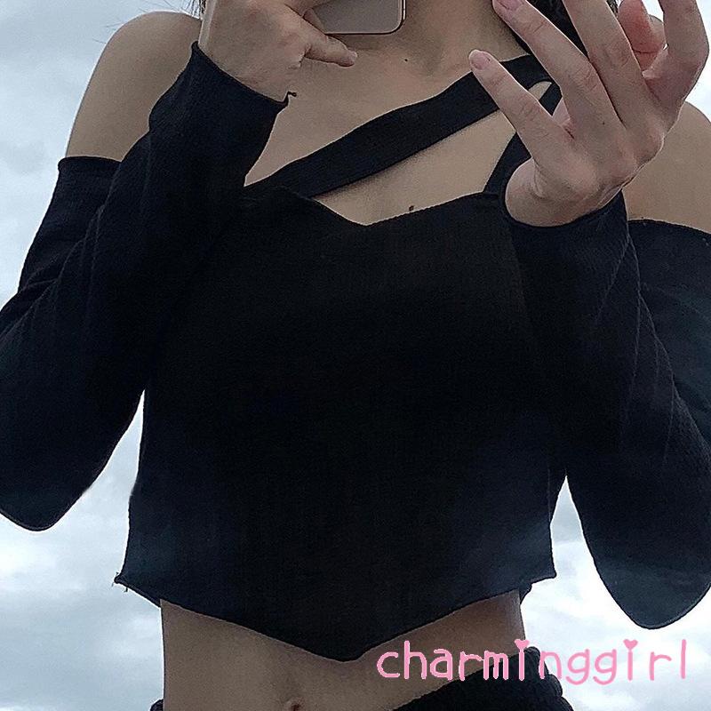 QAQ-Women´s Oblique Shoulder Short Tops Long Sleeve Solid Color Irregular Hem Ribbed Crop Tops