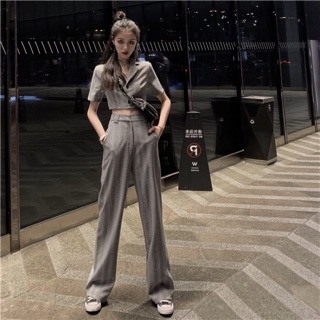(CÓ SẴN) SET ULZZANG KẺ SỌC CARO ÁO CROPTOP QUẦN CẠP CAO ỐNG SUÔNG