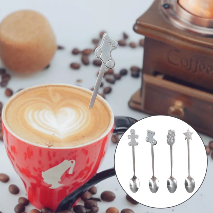 Set 4 Muỗng Cà Phê Bằng Thép Không Gỉ Họa Tiết Giáng Sinh