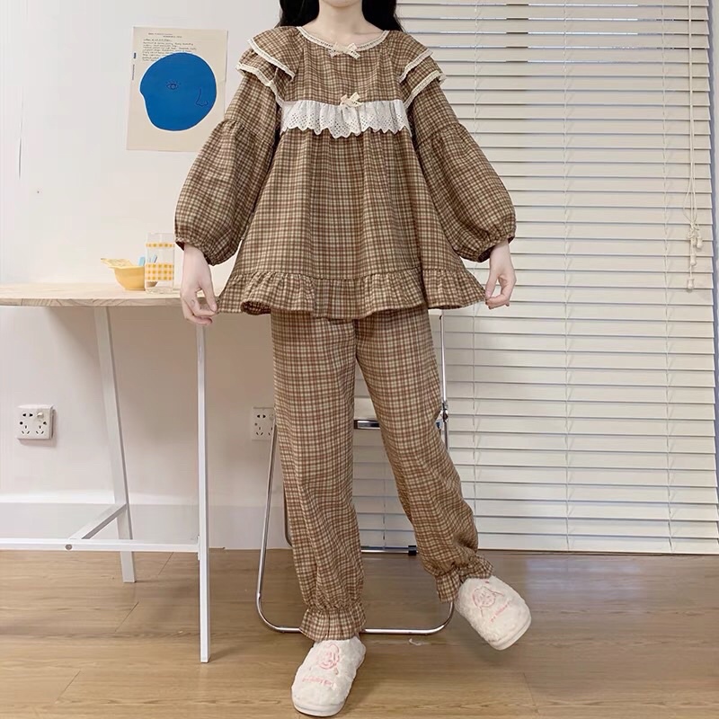 BỘ / VÁY MẶC NHÀ ULZZANG KẺ CARO NÂU BÈO NGỰC rẻ nhất shopee