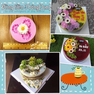 Khuôn Silicon Hoa Đồng Tiền 3 Bông kt 2cm,khuôn làm thạch rau câu, KHUÔN SOCOLA