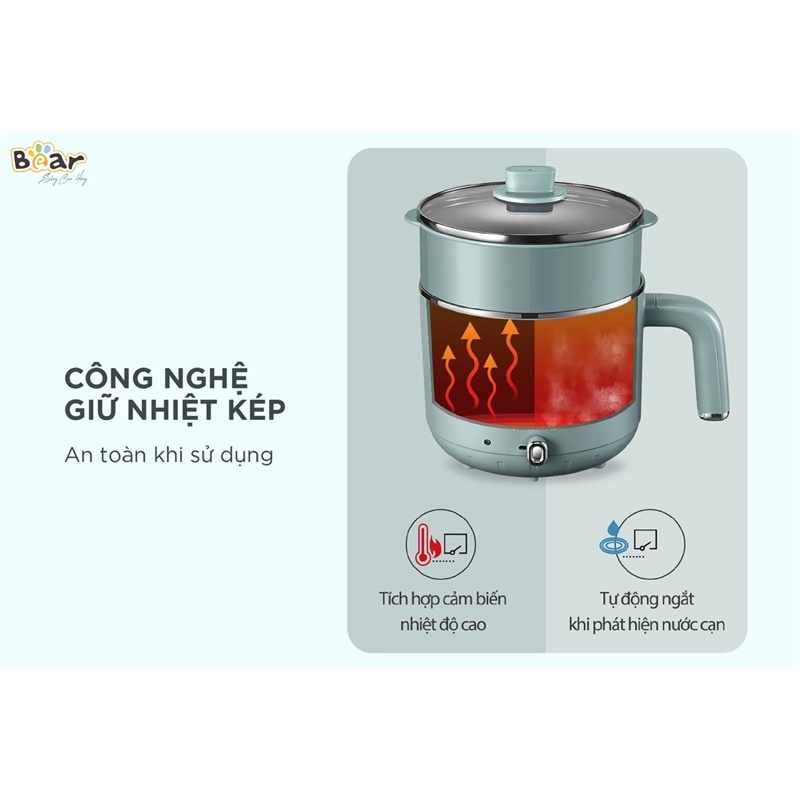 Nồi lẩu mini đa năng 2 tầng Bear DRG-D12M5, Ca nấu lẩu mini gia đình, 3 lớp cách nhiệt, Công nghệ giữ nhiệt kép,Bh 18t.