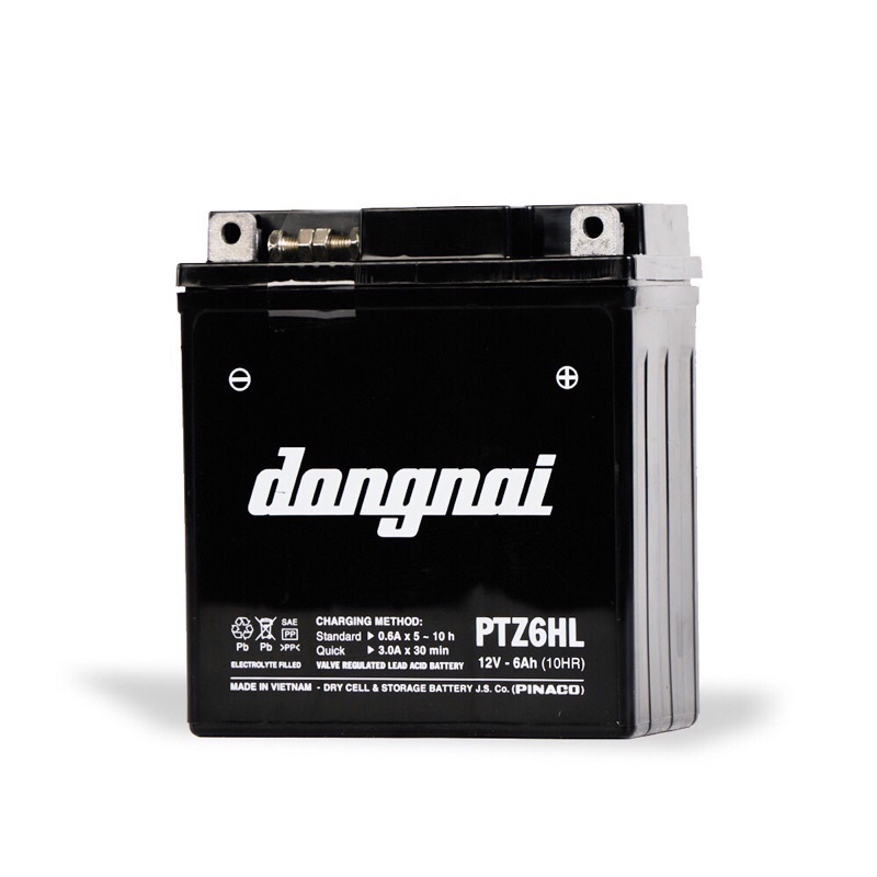 Bình acquy xe máy khô miễn bảo dưỡng Đồng Nai PTZ6HL | 12V - 6Ah, bình ắc quy xe máy honda 12v.