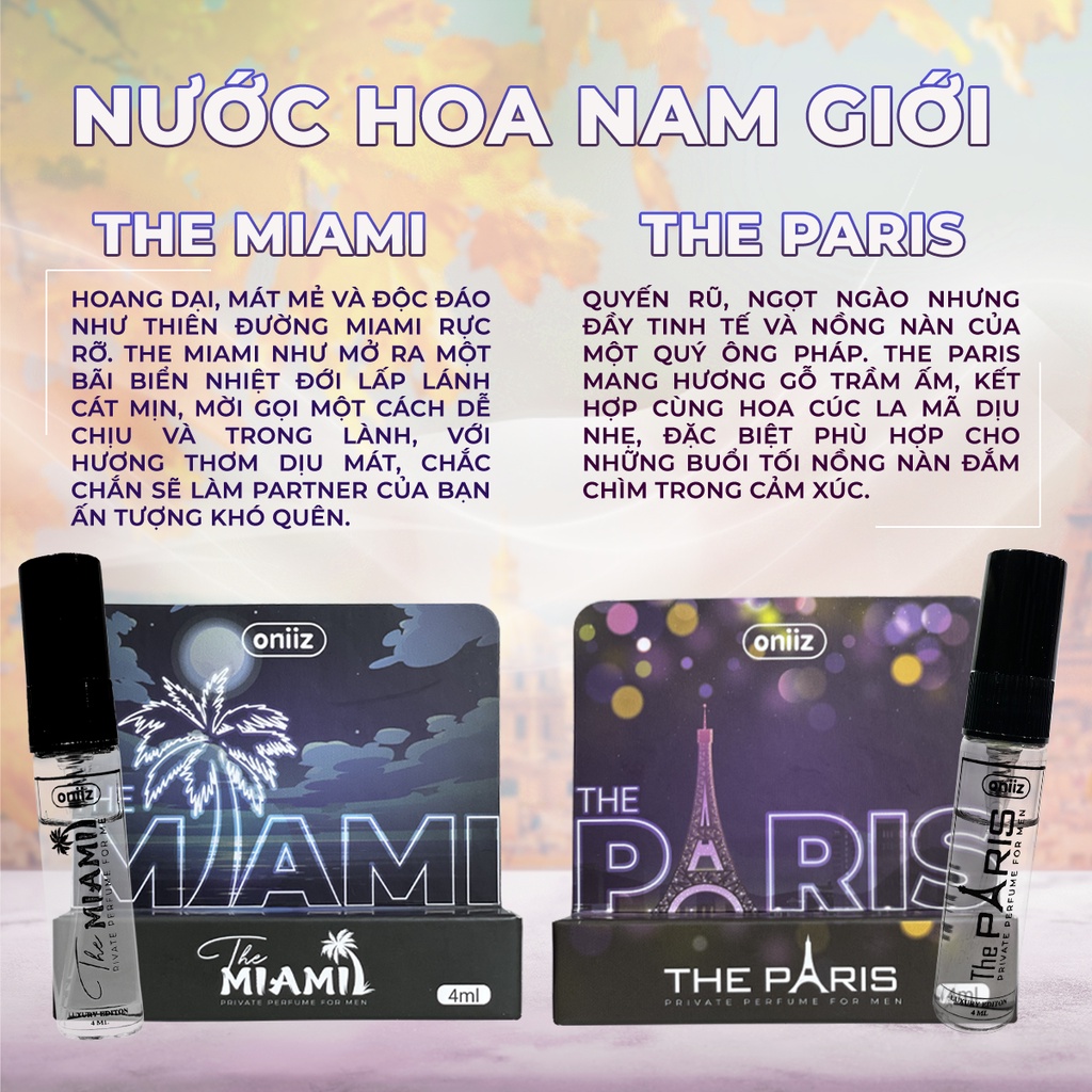 Nước hoa nam giới cao cấp Oniiz - The Paris &amp; The Miami - Chai dùng thử 4ml