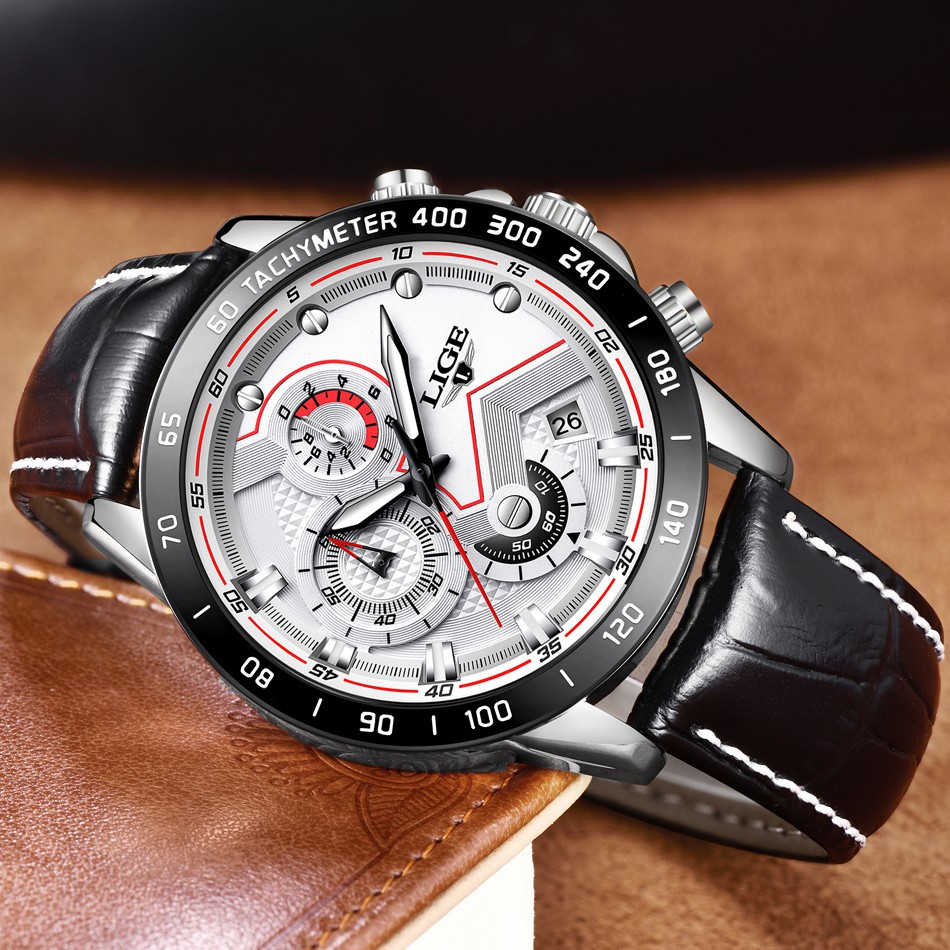 Men's Watches LIGE Fashion Waterproof Sports Leather Analogue Quartz Watch