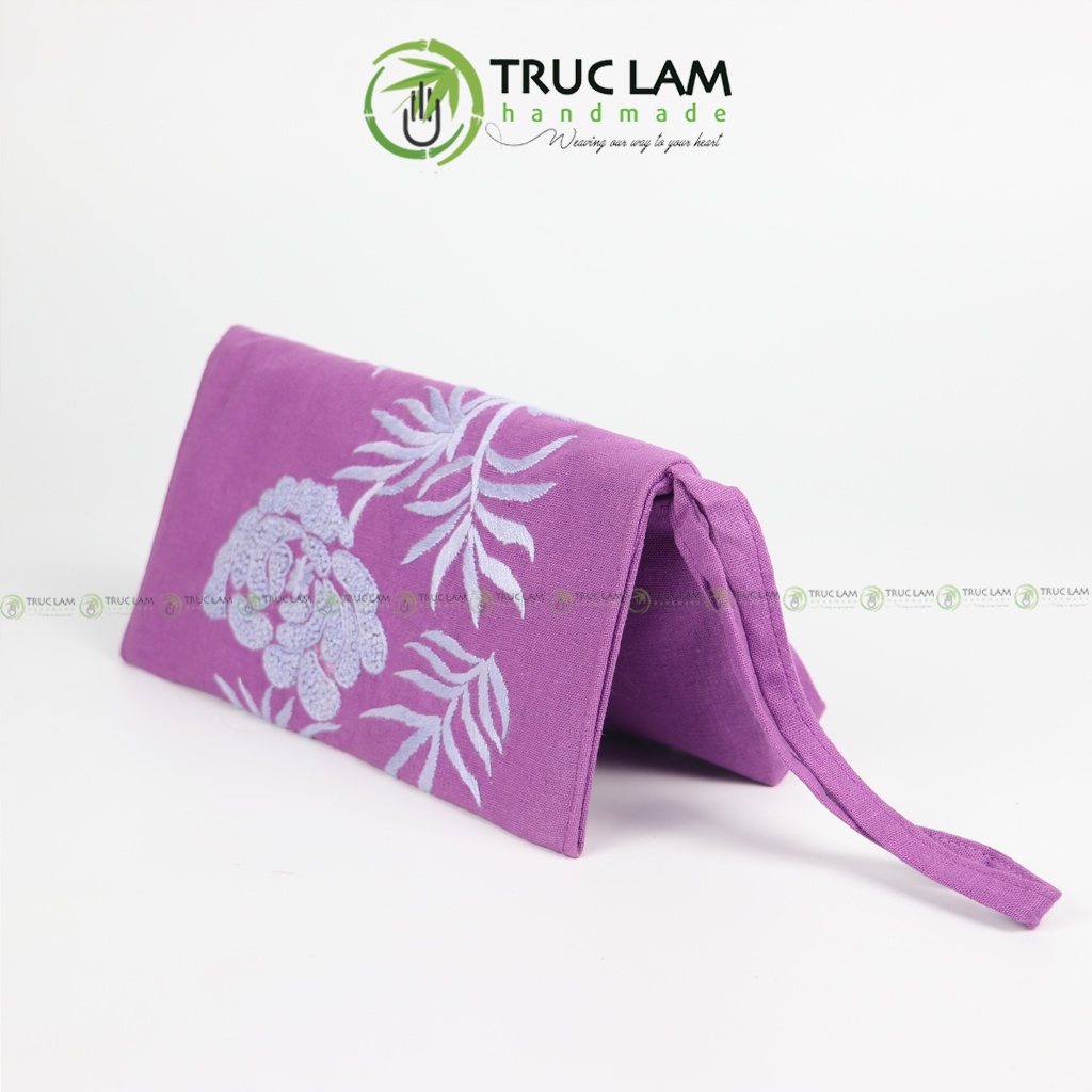 Ví Dài Cầm Tay Nữ Vải Linen Thêu Tay Họa Tiết Lá Liễu Hoa Cúc - Trúc Lâm Handmade