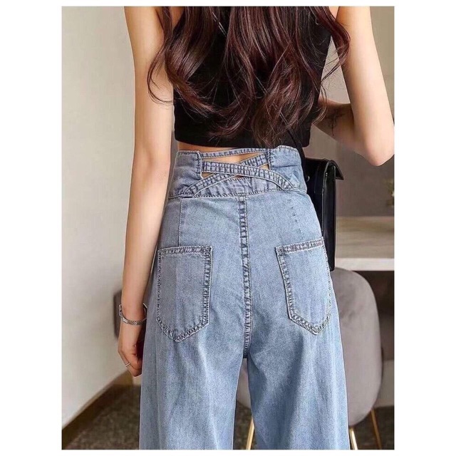 Quần jean bò suông cạp cao 2 cúc dây vắt sau
