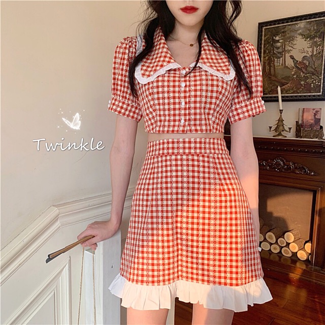 (Set Áo + Chân Váy) Kẻ Caro Phong Cách Korea Vintage Nhẹ Nhàng