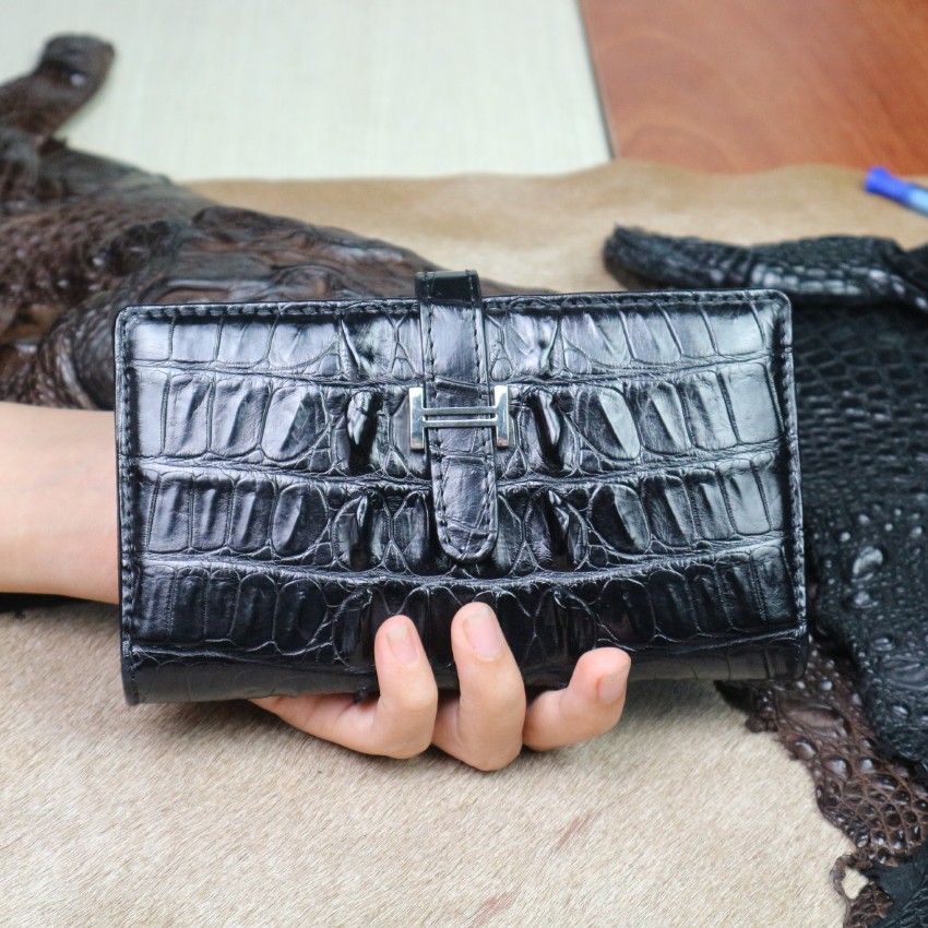 Ví nữ da cá sấu thật Konavis cao cấp màu đen thiết kế sang trọng - CW26-01