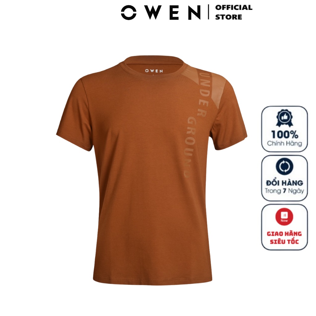 Áo Thun Nam Ngắn Tay OWEN TSN220393 Áo Phông T-Shirt Dáng Body Fit Màu Nâu In Chữ vải Vải Cotton Modal Cao Cấp