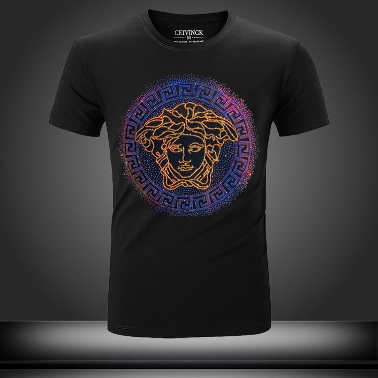 Áo Thun Cotton Lụa Lạnh Dáng Rộng Cổ Bẻ In Hình baju lelaki Vàng Kim Cương Versace 2021 Hàng Mới Về
