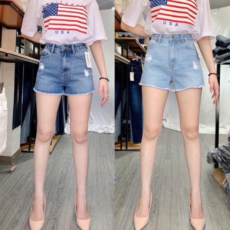 Quần short jeans lưng cao vnxk⚡️quần bò đùi có xước ôm hông không bai giãn