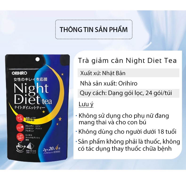 Trà giảm cân Night Diet Tea Orihiro Nhật Bản thải độc cơ thể và cải thiện chất lượng giấc ngủ gói 24 túi lọc TM-OR-NI01