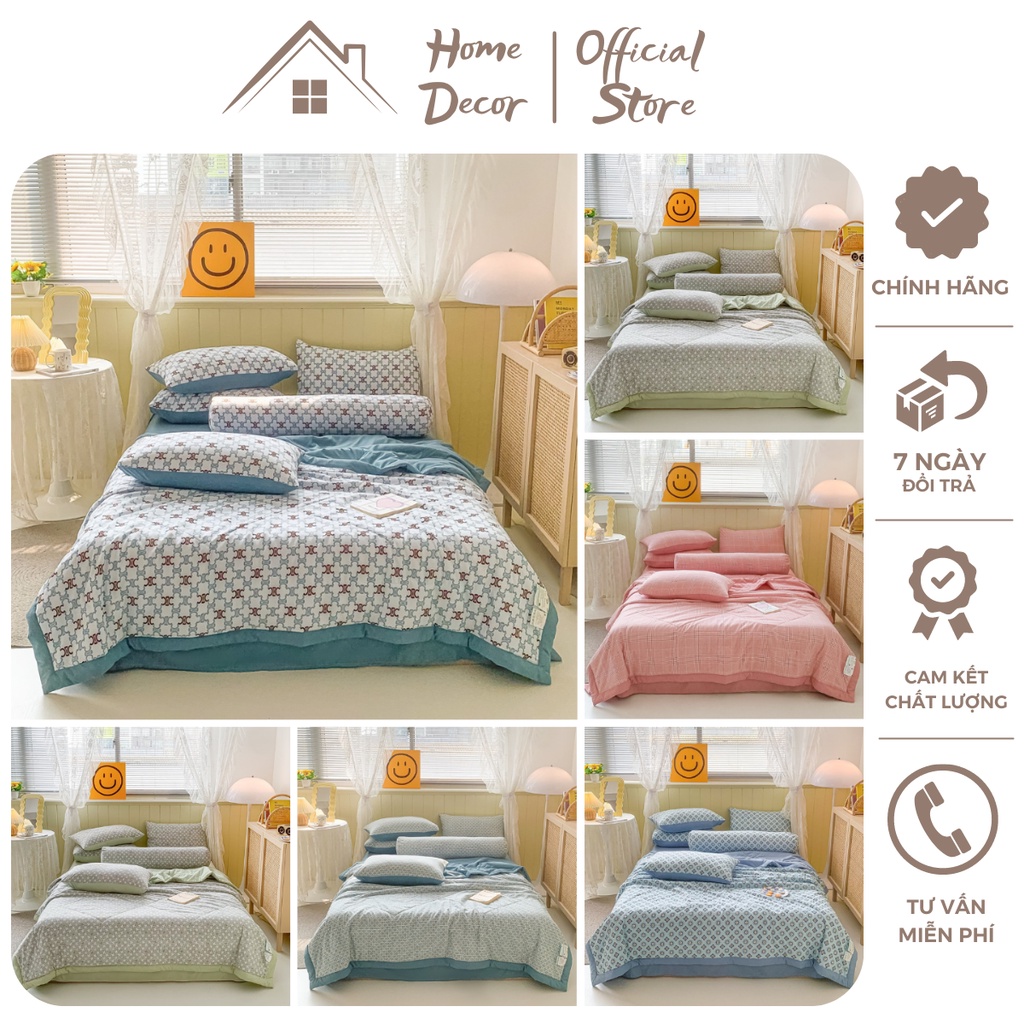 Bộ chăn ga gối Cotton Đũi 5 món kẻ caro phong cách Hàn Quốc, chăn chần nhập khẩu cao cấp miễn phí bo chun drap ga giường