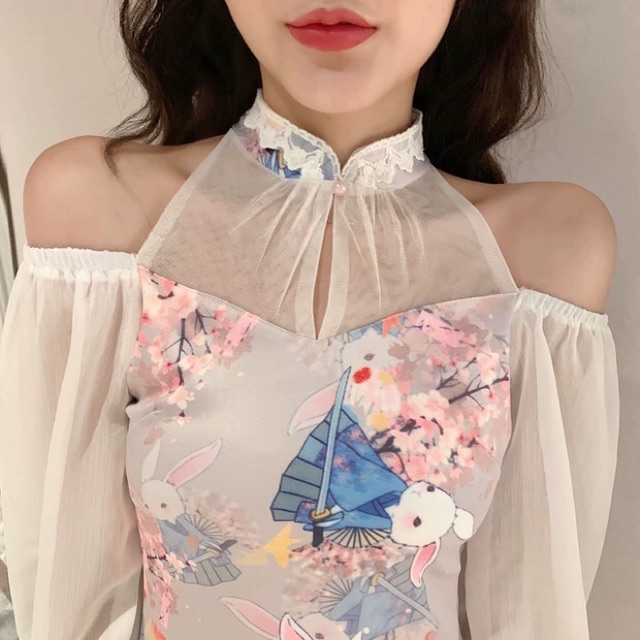 (ORDER) Sườn xám hở vai họa tiết thỏ hoa (mẫu 1 chất vải co dãn) | BigBuy360 - bigbuy360.vn