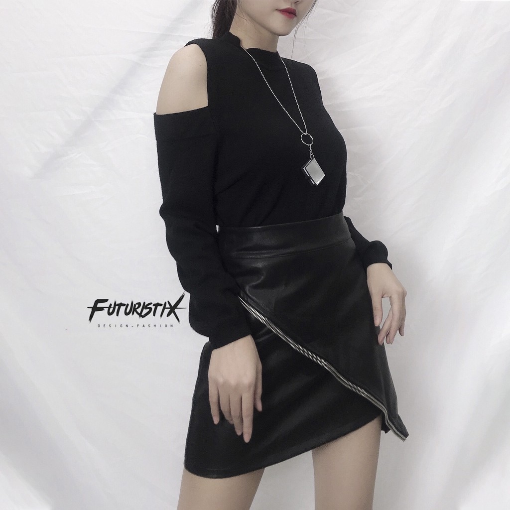 Áo Len Dài Tay Cutout Phối Chân Váy Da Zipper Chéo Vai - Futuristix