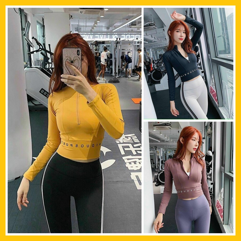 Áo Tập Gym Nữ [CROPTOP] Tay Dài Chữ Sport Khoá Chữ Thun Lạnh [ĐỒ TẬP GYM NỮ]