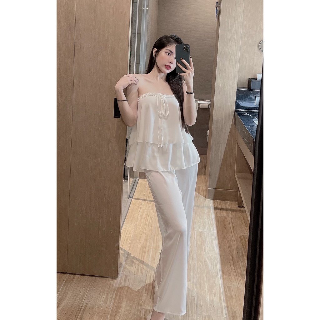 Đồ mặc nhà 2 dây yếm Sexy lụa slatin Siêu Mát