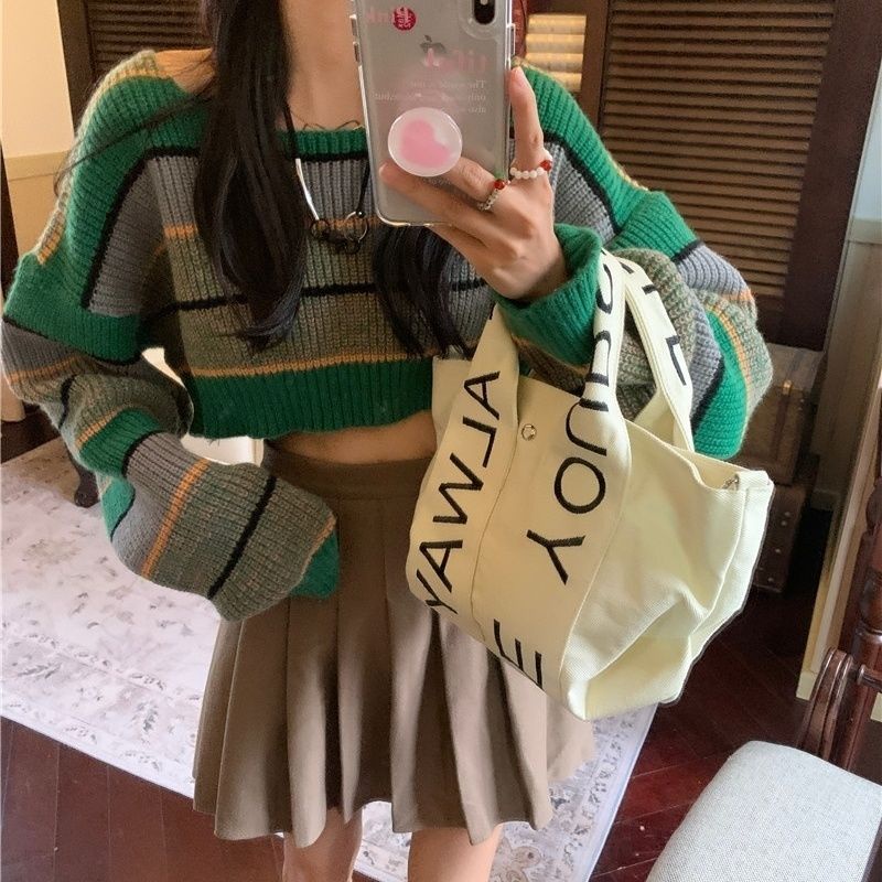 Màu Sắc Áo sweater Dệt Kim Tay Dài Dáng Ngắn Họa Tiết Kẻ Sọc Thời Trang Mùa Thu 2022 Cho Nữ