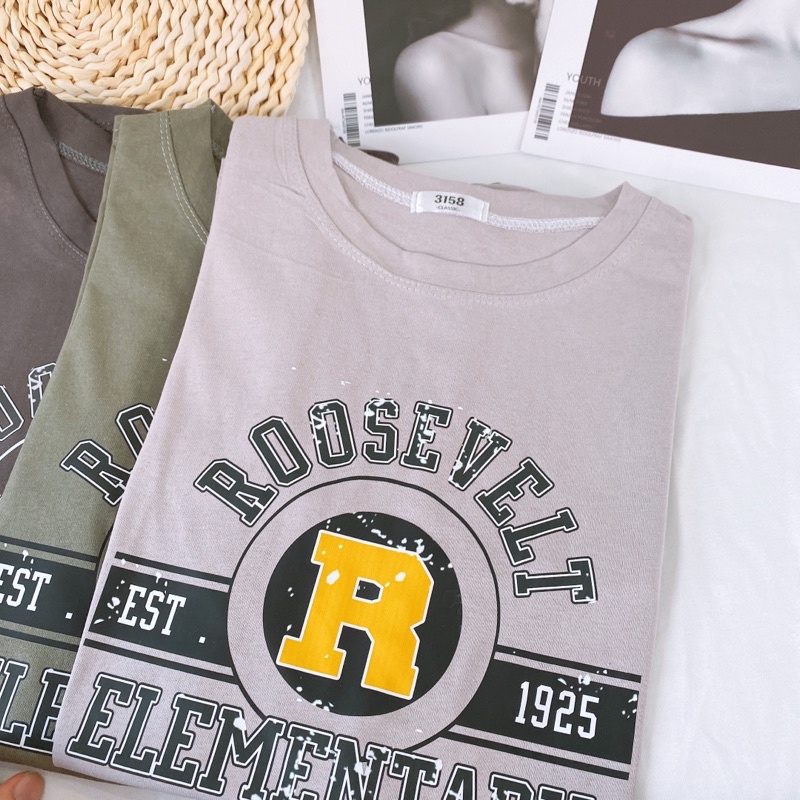 Áo phông 3158, áo thun tay lỡ form rộng chất cotton in hình R vàng