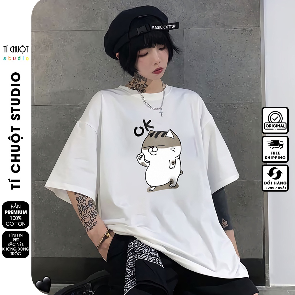 Áo thun unisex MÈO OKE, áo phông họa tiết nam nữ form rộng tay lỡ oversize - Tí Chuột Studio