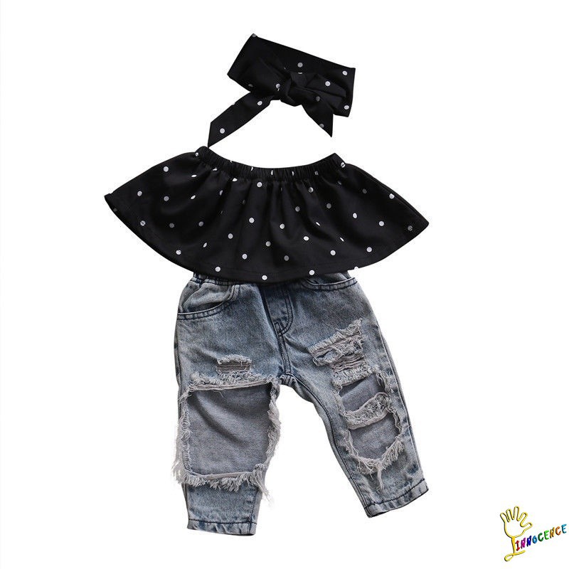 XZQ-Baby Girls Dot Off Shoulder Jeans Set 3PCS Summer Clothing