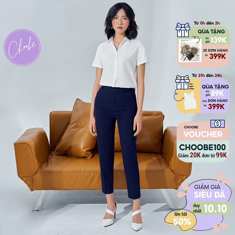Quần tây nữ Choobe công sở lưng cao vải âu baggy màu xanh đen nâu đi học đẹp trẻ trung dáng dài Q07 - Hàng nhập khẩu
