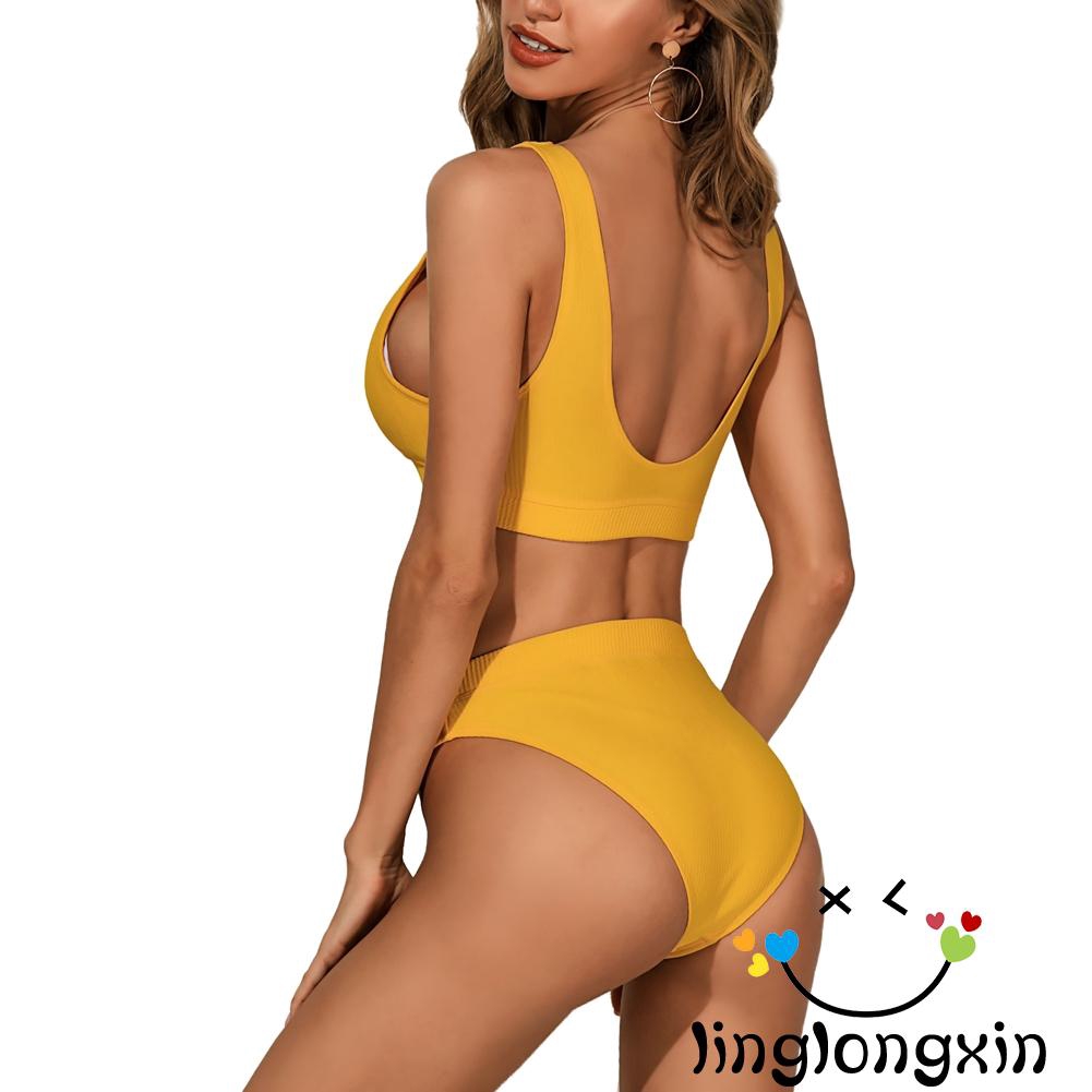 ♛♚♛Women Fashion High Waist Solid Color Split Shoulders Swimsuit Set | BigBuy360 - bigbuy360.vn