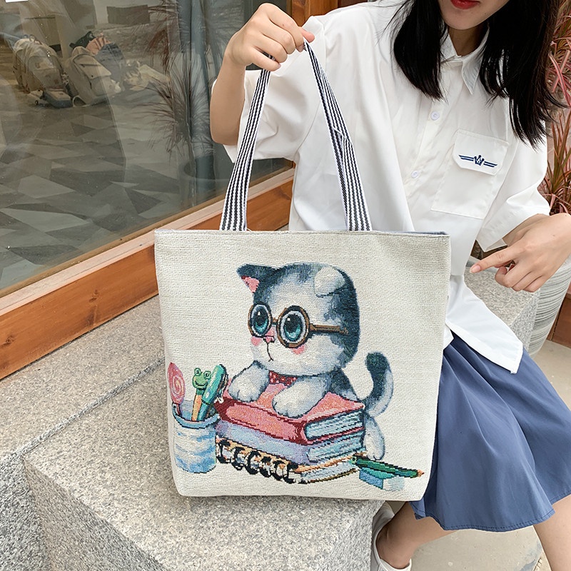 Túi Tote Đeo Chéo Vải Canvas Xách Tay Nữ Dáng Chữ Nhật To Có Khóa Kéo Họa Tiết Công Sở Đựng Đồ Đi Chơi Làm Học Hàn Quốc