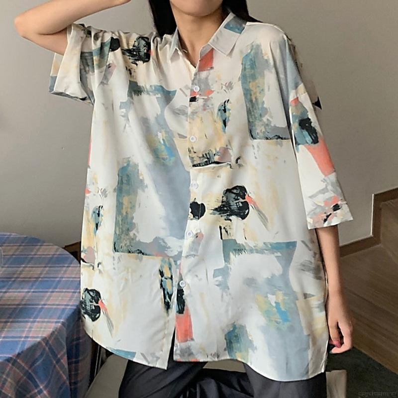Áo Sơ Mi Voan Ngắn Tay Dáng Rộng In Họa Tiết Xinh Xắn Dành Cho Nữ