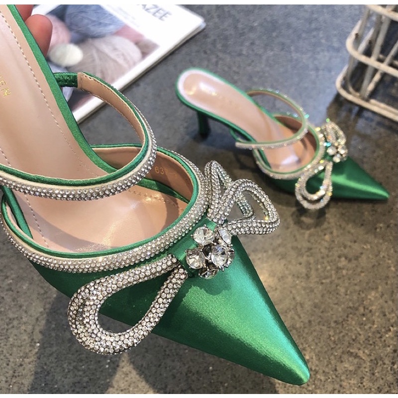 ORDER 🍒 Guốc mũi nhọn bling nơ đá 7cm 34-39