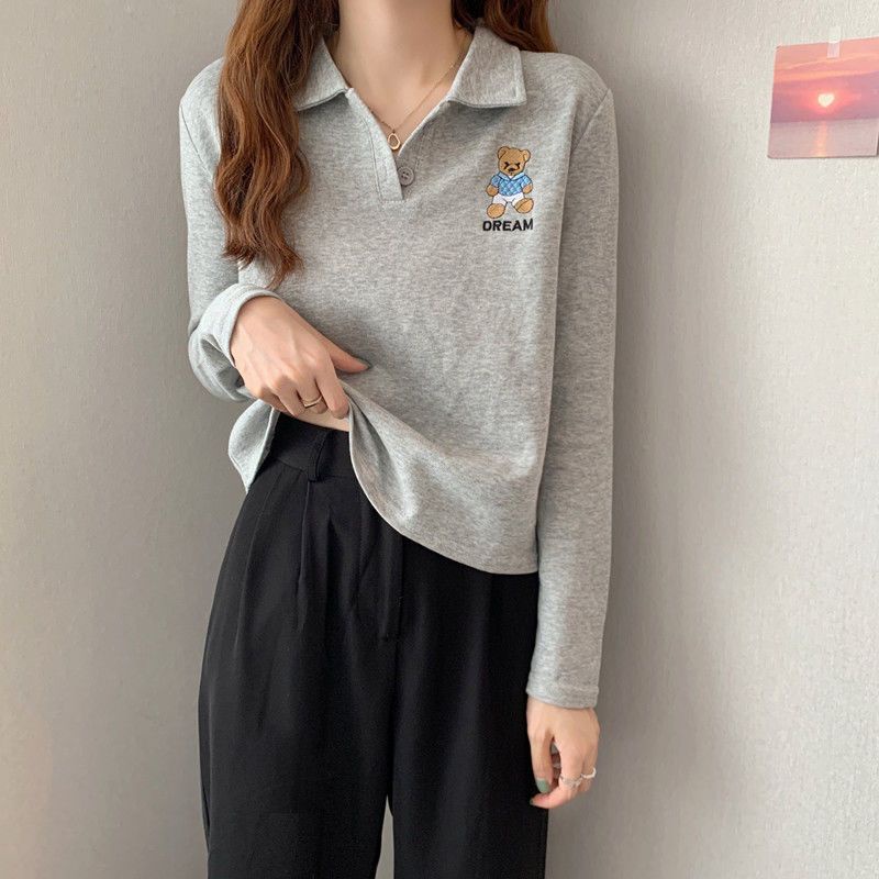 Áo polo Tay Dài Dáng Rộng Thêu Hình Gấu Dễ Thương JL-TX-540